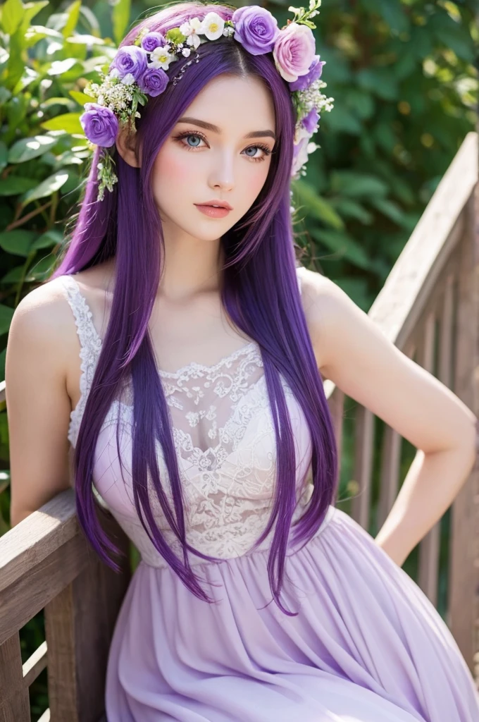 Purple hair, Caucasian beauty, long hair, dress, flower decoration on head