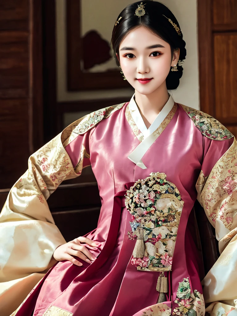 woman wearing dangui,waist up portrait,sweet smile,updo,extremely detailed clothes,masterpiece,8k,trending on pixiv,highest quality,