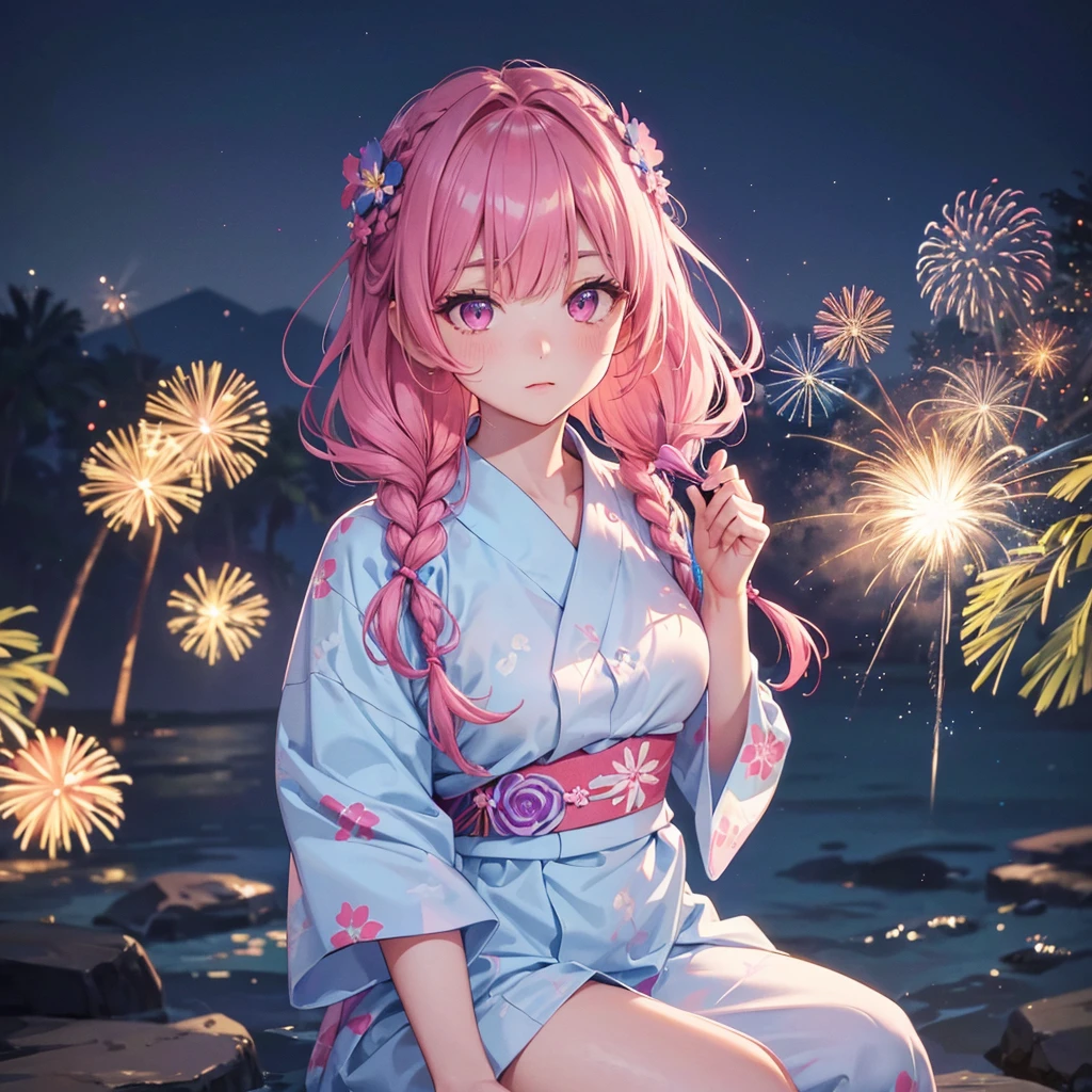Sky Blue Medium Hair, (Braided Hair),(Pink Eyes),Fair skin ,(whole body),(1 girl)、Floral Yukata、summer night、Extra-large fireworks filling the night sky、Big fireworks、Straight bangs,(masterpiece, Highest quality, Very detailed, Best Shadow), (Detailed Background), (Beautifully detailed face), High Contrast, (Best lighting, Very delicate and beautiful), ((Cinematic Light)), colorful, Hyper Detail 8k, Dramatic Light, Intricate details,