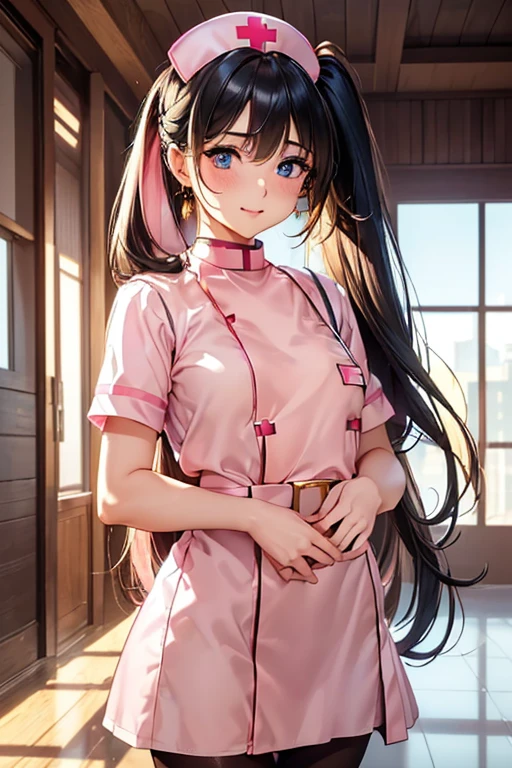 #基本
A girl is posing for a photo, ((One Girl)), (((Baby Face:1.2)) + ((cute:1.3))),
#A girl is posing for a photo, ((One Girl)), (((Baby Face)) + ((cute)) + ),
break
#Clothing Accessories
((Pink nurse uniform:1.8) : (Shiny) + ((Pencil Mini Skirt)) + (High neck) + (Gold Belt) + ((Tight fit:1.4)) + (Black Pantyhose)), (Shiny白ハイヒール),
(Gold hoop earrings),
break
#Features
((Black Hair)), Curly hair, (Chest-length sideburns:1.4), (ponytail : Long Hair + Messy Hair + Hair that bounces out),
((Droopy eyes), blue eyes, (Big eyes:1.4)), (Small breasts:1.4),
break
#background environment
(noon, (sunlight shines, Modern hospital, lobby)),
#Facial Expression Pose
((Laughing happily)), ((model posing), Relaxed and calm pose),
#composition
(To the camera, (Focus from below), (Cowboy Shot)),
break
#Body parts elements
(Slim figure),
(Detailed Hair, Beautiful Hair, Shiny Hair),
(double eyelid, Long eyelashes),
(Expression of fine eyes, Beautiful and delicate eyes, Sparkling eyes, Eye Reflexes, Glitter Eyeliner),
(Human Ear),
(Beautiful Nose, Thin Nose),
(Shiny唇, Beautiful Lips, Thick lips, Shiny唇, Natural Cheeks),
(Detailed face, Symmetrical facial features),
(Detailed skin, Textured skin, Beautiful Skin, Glowing Skin),
break
#Quality Image Quality Common
(((Highest quality)), ((masterpiece)), ((Very detailed))), ((Ultra-high resolution)), ((16K, 1080P)), ((FHD)),
(Anatomically correct), (Realistic), (3DCG), (oil),
#Quality image illustration
((comics, anime)), CG illustration,