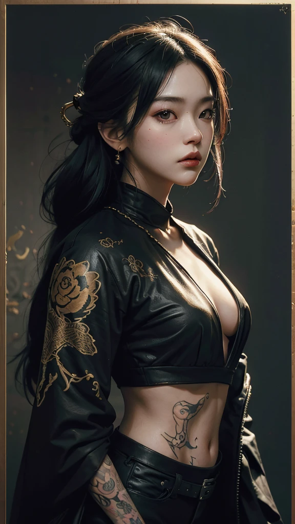 Aesthetic, painterly style, modern ink, Asian girl, sensual, dark blouse, yakuza tattoo, expressive pose, urbanpunk, multi-layered abstract texture background, neo-expressionist, Russ Mills, lan Miller, Harrison Fisher, Brian Froud, Jeremy Mann, Steadman, Hanuka, Klimt, Bell, Hobbie, Newton, greg rutkowski, atmospheric, hyperdetail, artstation trend, artgerm, deviant art, octane, masterpiece, complex art, intricate details, matte film poster painting, golden ratio, trending on cgsociety and artgerm, incredibly detailed and stunningly beautiful, vibrant color, high contrast