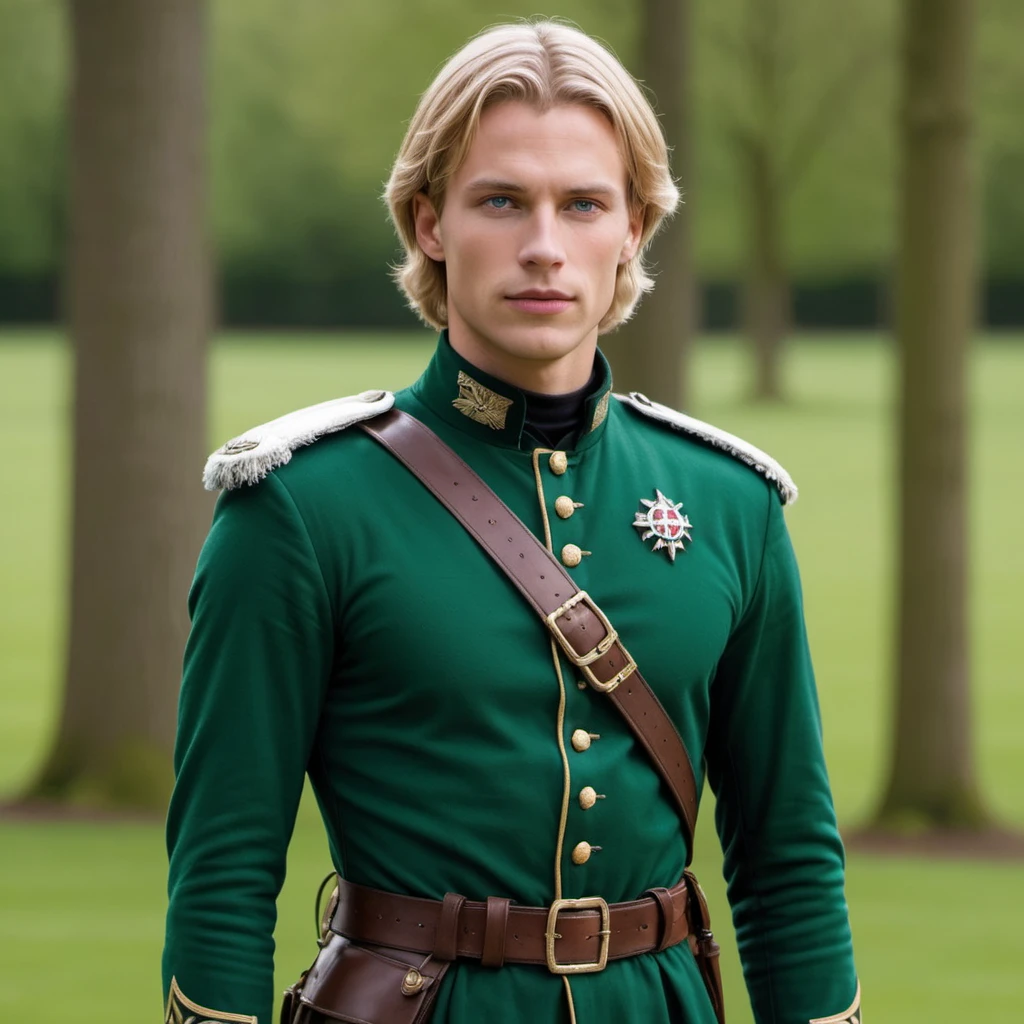 Niels Visser is a blonde prince, Wearing moss green medieval military uniform, Staring straight ahead with sharp emerald green eyes. Full body with sword on waist