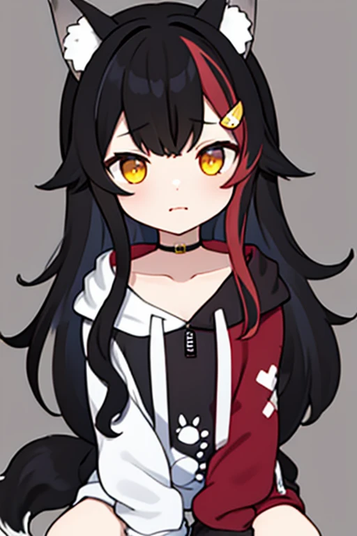 masterpiece, Highest quality, High resolution, wonderful, low-tied long hair, Black Hair, Yellow Eyes, clavicle, boa hoodie, wolf ear, multicolored hair, whole body,