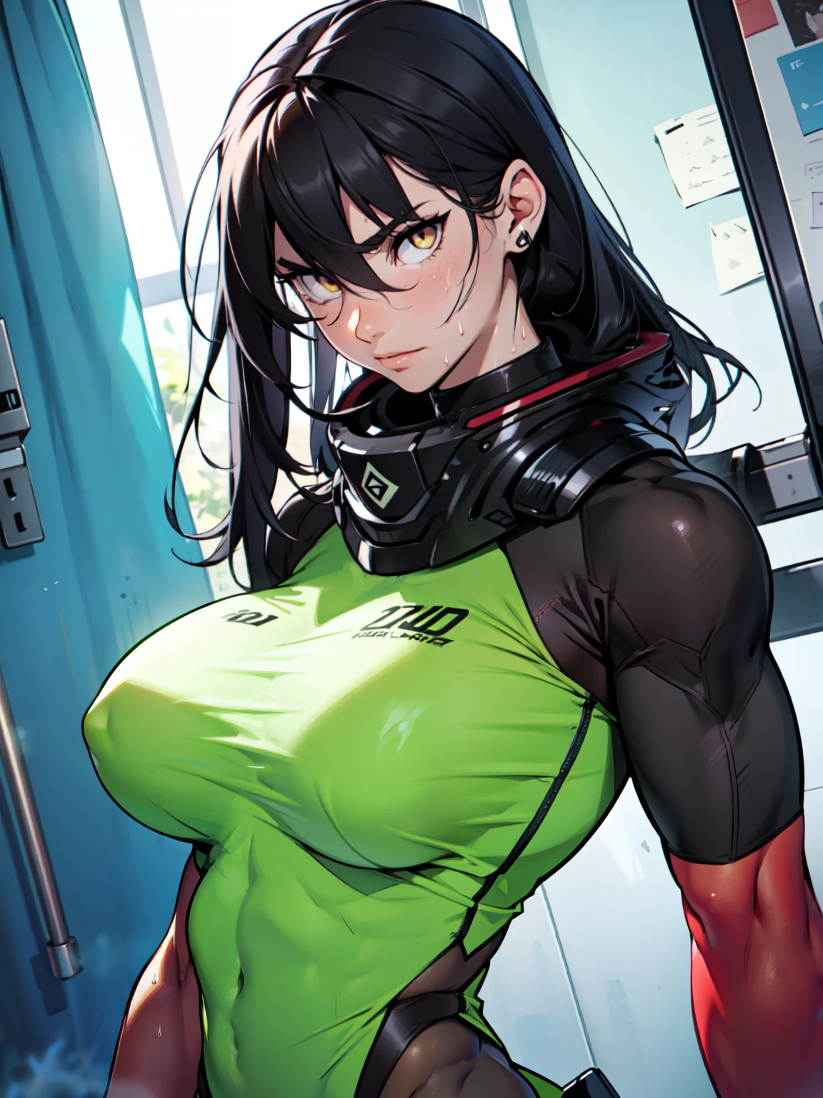 (((muscular girl toned body massive breasts))) yellow eyes black hair between eyes pale skin sweaty massive hair messy hair