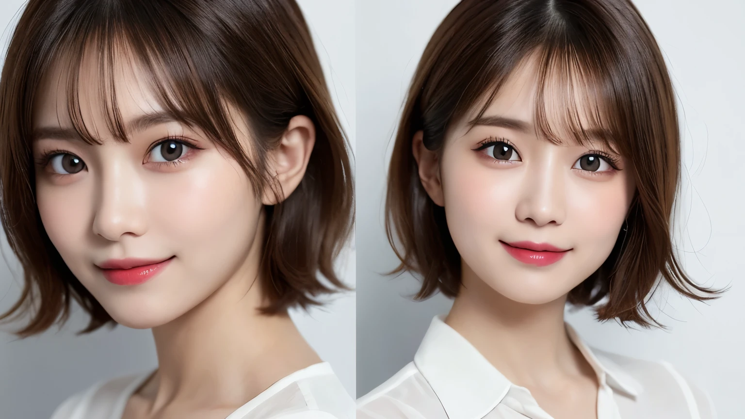 white background, bust shot, tabletop, looks happy, smile, short hair, highest quality, shape, Super detailed, finely, High resolution, 8k wallpaper, Perfect dynamic shape, beautiful and detailed eyes, D cup, natural color lip,smile、20 year old girl, Beautiful and dense face、perfect and beautiful face,Big eyes、real photos(best image quality), business casual (off white)、looking at camera、Please stand、Do gal makeup
