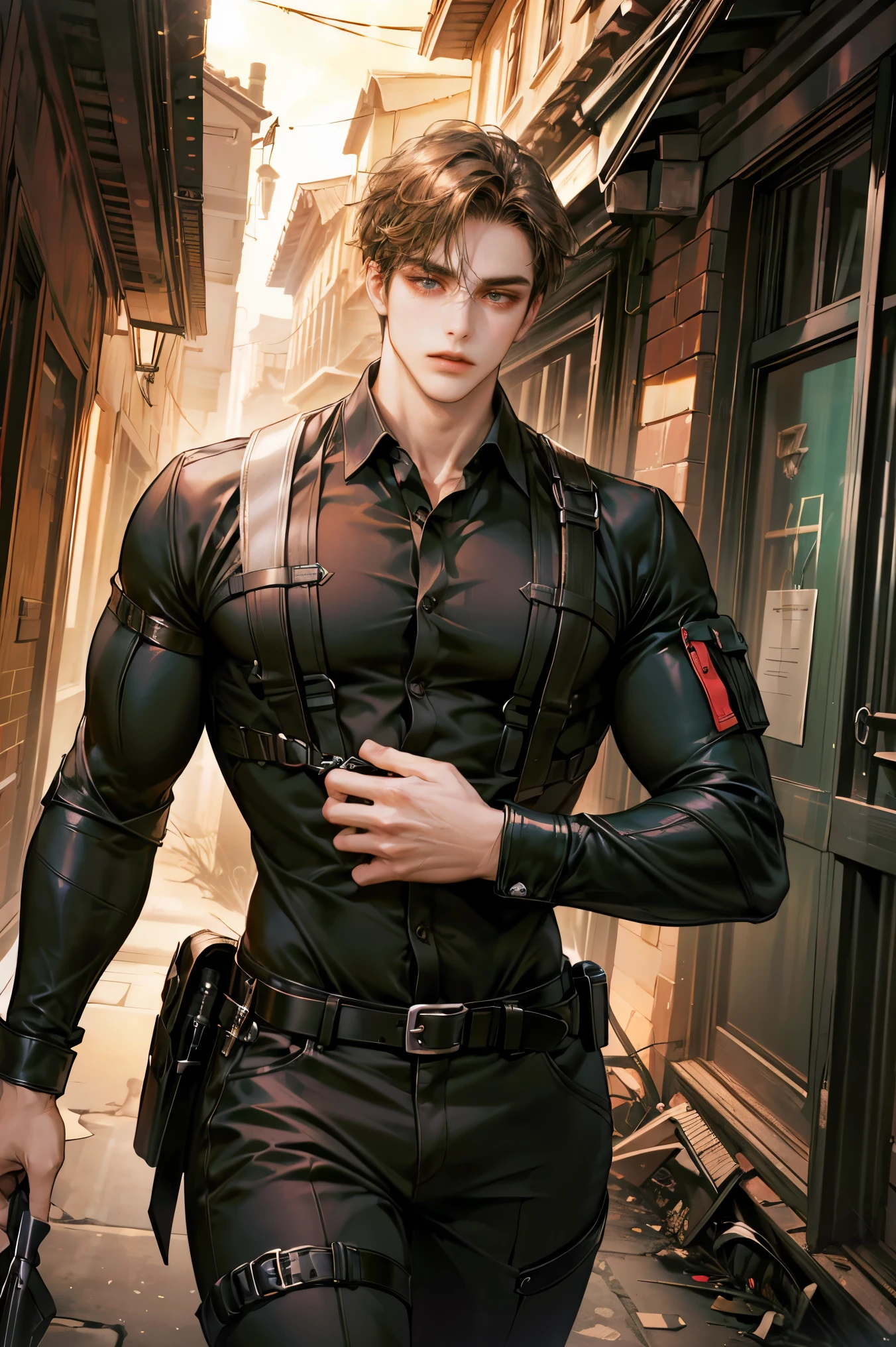 (absurdres, highres, ultra detailed, original character, HDR), 1 boy, solo, young man, handsome, ((tall muscular guy, broad shoulders)), finely detailed eyes, (dark brown hair), hair between eyes, dark brown eyes, apocalypse, casual outfit, ((futuristic assassin gadget)), body strap, (body tight black shirt), ((large man breasts)), (cowboy shot), dutch angle, face focused, apocalypse alley scenery, dystopian city, closed mouth, looking at viewer, depth of field, bokeh