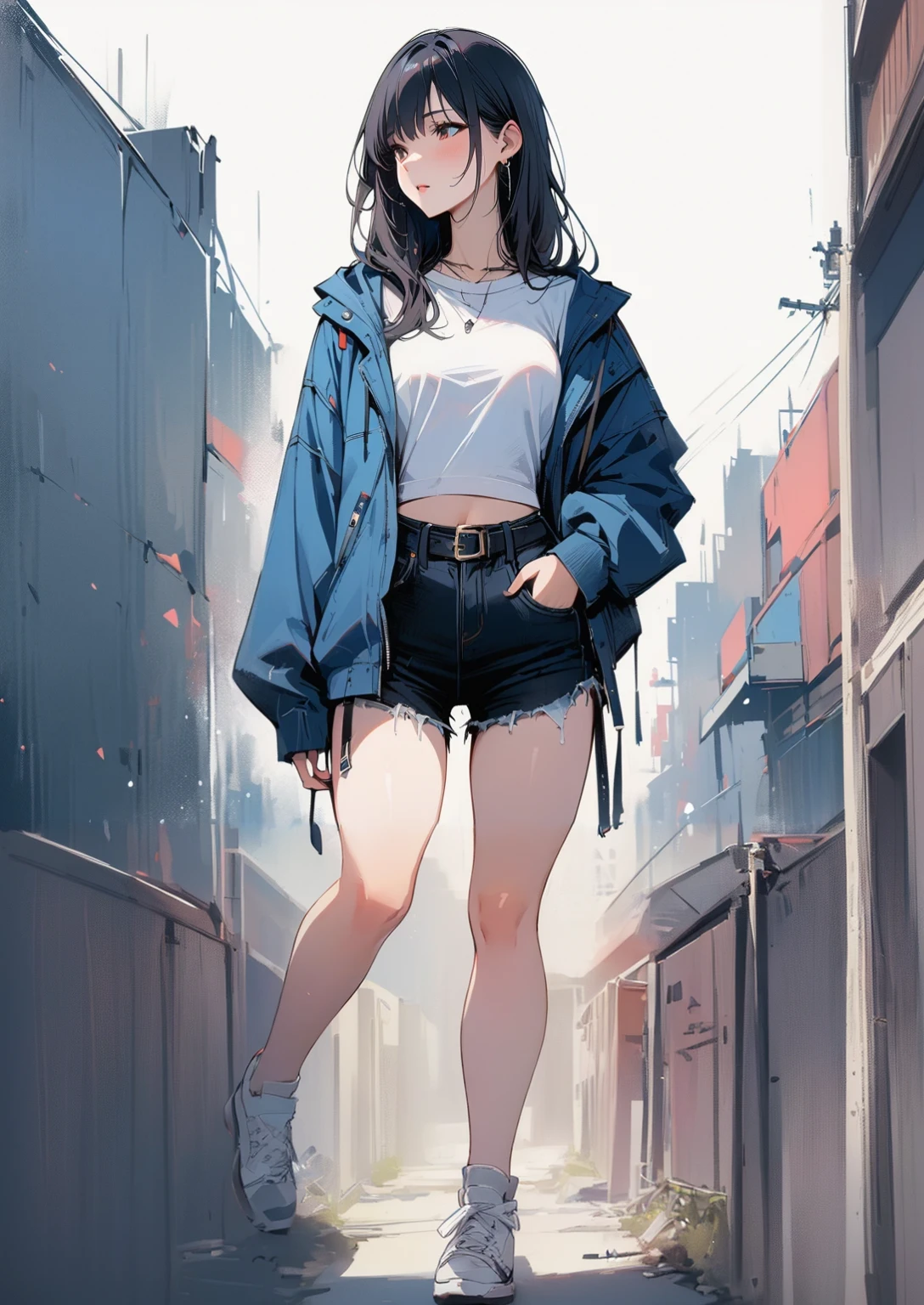 (masterpiece, best quality:1.2), 1 girl, alone , sexy , blue jaket , cutoff-jeans , (cowboy shot) , black hair , white top, fullbody view, sneakers, stand