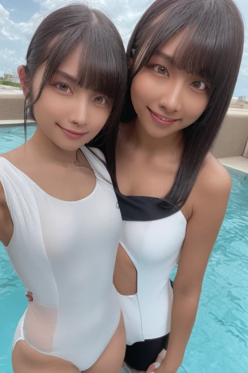 gorgeous woman, 1 girl, white one-piece swimsuit:1.2, skinny, healthy, perfect body:1.2, abs:1.1, dark brown hair:1.1, rain wet, wet body:1.2, night pool room:1.6, ultra-detailed face, detailed lips, detailed eyes, double eyelids, pubic hair, black skin, trimmed bangs, shy smile, (best quality,8k,masterpiece:1.3)