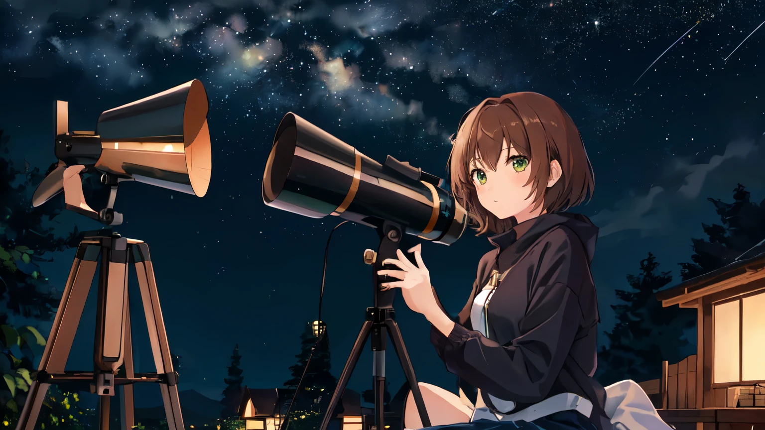 Highest quality,masterpiece,Large file size,(whole body:1.2),
Depth of written boundary,One girl,chest,Mihoshi Akeno,Brown Hair,short hair,Green Eyes,(alone:1.2),
Girl looking at the starry sky through a telescope. At night,The sky is full of stars,And the open lawn is covered with stereo telescopes.,