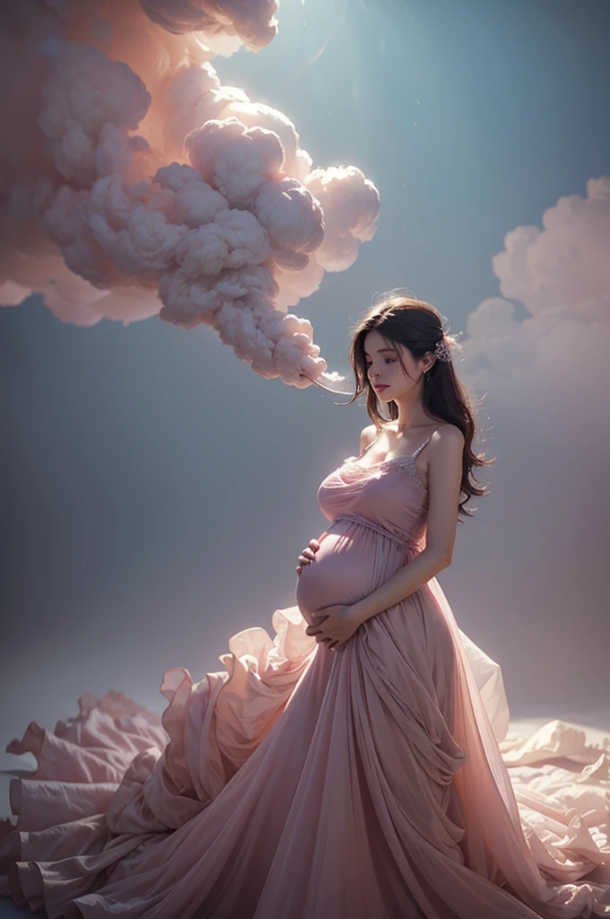 pregnant woman in pink dress standing in cloud of smoke, ethereal and dreamy theme, very magical and dreamy, dreamy and ethereal, ethereal and dreamy, ethereal fairytale, by Marie Angel, endless flowing ethereal drapery, dreamy style, dreamy atmosphere and drama, dreamy and detailed, full body photoshoot, ethereal!!!!!!!, soft ethereal lighting, soft elegant gown