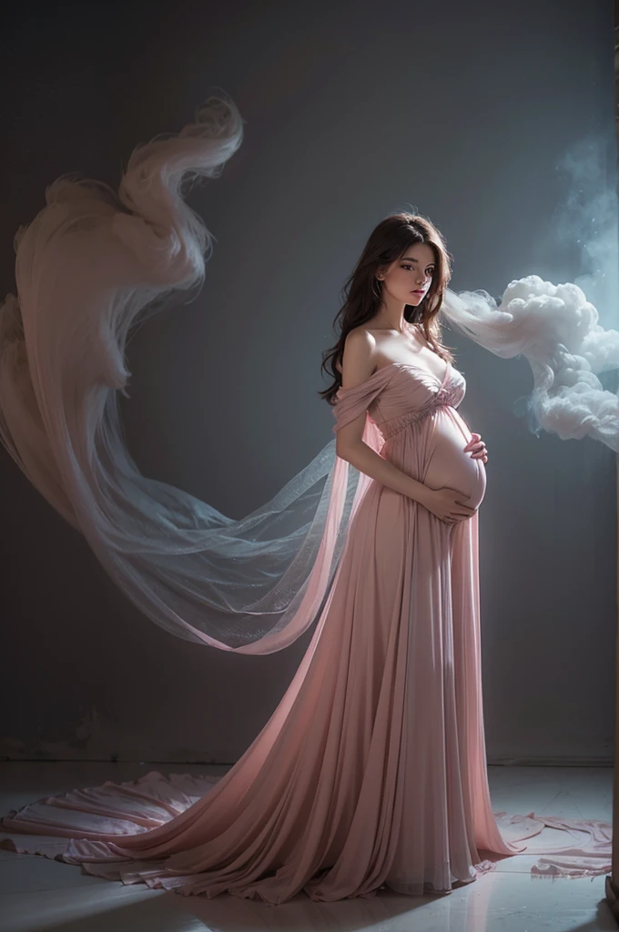 pregnant woman in pink dress standing in cloud of smoke, ethereal and dreamy theme, very magical and dreamy, dreamy and ethereal, ethereal and dreamy, ethereal fairytale, by Marie Angel, endless flowing ethereal drapery, dreamy style, dreamy atmosphere and drama, dreamy and detailed, full body photoshoot, ethereal!!!!!!!, soft ethereal lighting, soft elegant gown