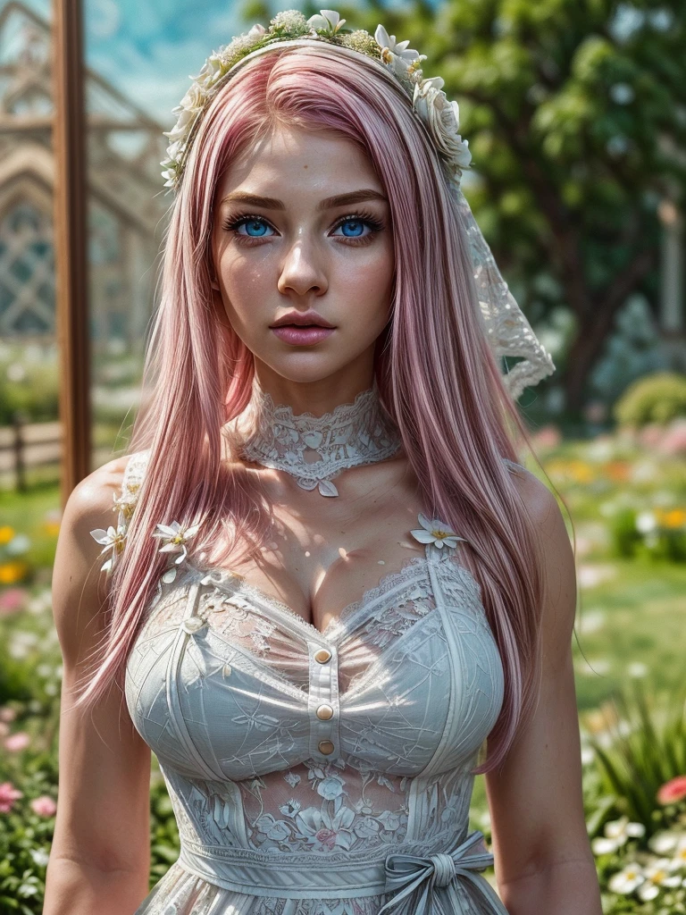 ultra realistic professional full body camera (((white Lace dress, pink hair flowered garden ))) (photo 1028k qhd) by (James C. Christensen:1.2|Jeremy Lipking:1.1), (Dittmann Anna:0.3), (jiner:0.3), (mise au point nette:1.3) lndswgnr,High detail, instagram top model,blonde hair, beautiful detailed baby blue eyes, k eyes,(eye (eye makeup: 1.2) sleeping Pose of the Instagram model, perfect button nose, attractive lip shape has an upper-to-lower lip ratio of 1:2, perfect ivory skin confiant, (((anatomycally perfect 25 old ladie hand,finger, nail))),fille en forme Fille maigre et sexy, breast:1.2, anatomie parfaite, Perfect symmetry:1.2, Realstic position, realistic and gorgeous face:1.2, perfect face, highly detailled, happy, confident, ighting cinematic, Lighting scene, soft lights, instagram standing pose (((baby blue eyes,, Fille maigre et sexy, breast:1.2 perfect charming face, attractive lip and nose, (masterpiece, best quality:1.6), white lace dress, cowboy shot, thighs, beautiful girl, (flowers, many small white petals:1.3), garden, blue sky, looking at viewer, small waist, official art, raw photo, incredibly absurdres, facelight, dynamic lighting, cinematic lighting, ultra realistic, highres, photography, sharp focus, highest detailed, extreme detailed, ultra detailed, finely detail, extremely detailed eyes and face