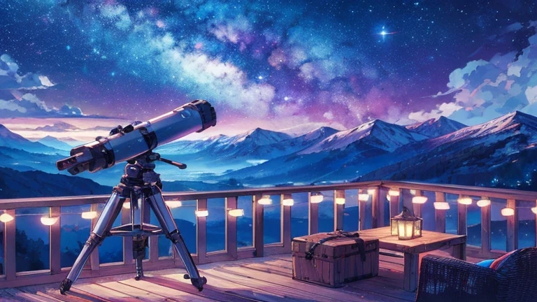 Drawing low-fi scene of anime with telescope on terrace balcony, Milky Way in the Sky, Mountain々, Fairy Lights, no one, Decorated, night, not human, Cloudy, Beautiful color palette