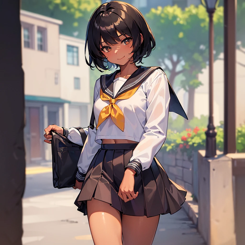 ((((masterpiece)))), ((((best quality)))), 8k, (front Photo), (((1girl))), shiny skin, female focus, rim light, a tomboy girl walking at the park, ((tomboy hairstyle)), black hair, dark_brown_eyes, smile, closed_mouth, ((reverse_trap)), ((tomboy)), ((dark_skin_female)), ((sailor school uniform)), close up,