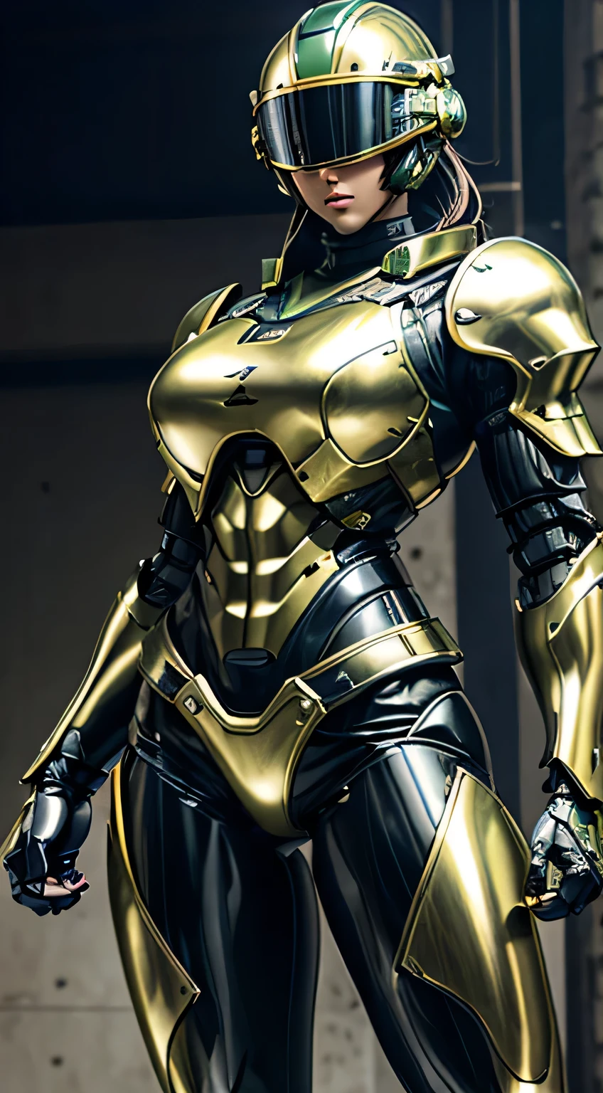 Female Robocop Solo、Bright outdoors、strong light source、8k, high quality, masterpiece, 最high quality, Crisp contrast、Very detailed、Full body armor、Very large armor、Helmet covering the head、Clear photos、The eyes are hidden by thin, translucent straight goggles.:1.3、The lower half of the face is raw々Shii:1.5、The lower half of the face is exposed、Seductive lips、Light yellow-green metallic armor、Black accent color、Armor that completely covers the chest、Long, slender legs、Vibrant Posselo Body View,Big and ample breasts:1.5, (Sports Body:1.5)、Five Fingers、Hold a handgun、In the city