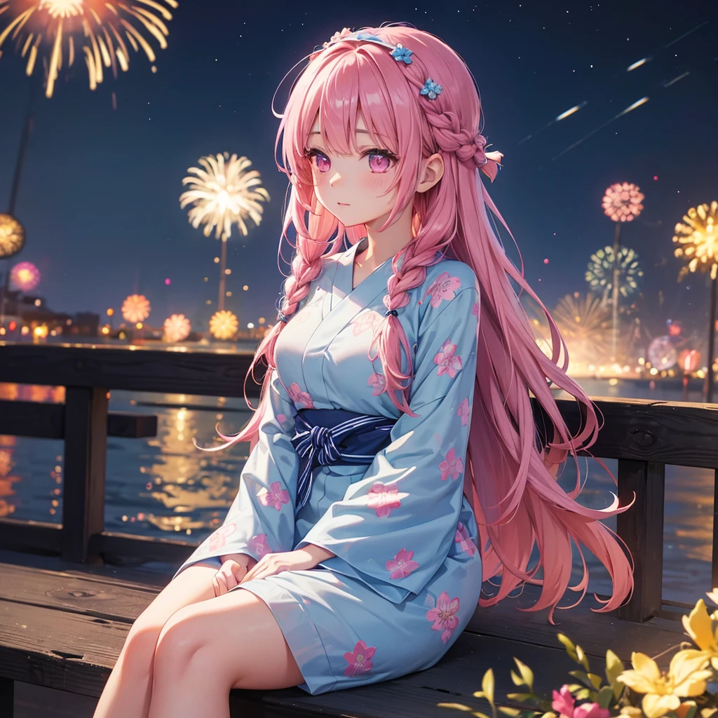 Sky Blue Medium Hair, (Braided Hair),(Pink Eyes),Fair skin ,(whole body),(1 girl)、Floral Yukata、summer night、Extra-large fireworks filling the night sky、Watching the fireworks while sitting next to each other、Straight bangs,(masterpiece, Highest quality, Very detailed, Best Shadow), (Detailed Background), (Beautifully detailed face), High Contrast, (Best lighting, Very delicate and beautiful), ((Cinematic Light)), colorful, Hyper Detail 8k, Dramatic Light, Intricate details,