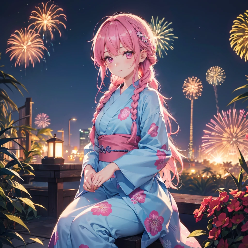 Sky Blue Medium Hair, (Braided Hair),(Pink Eyes),Fair skin ,(whole body),(1 girl)、Floral Yukata、summer night、Extra-large fireworks filling the night sky、Watching the fireworks while sitting next to each other、Straight bangs,(masterpiece, Highest quality, Very detailed, Best Shadow), (Detailed Background), (Beautifully detailed face), High Contrast, (Best lighting, Very delicate and beautiful), ((Cinematic Light)), colorful, Hyper Detail 8k, Dramatic Light, Intricate details,