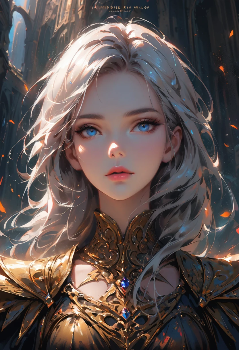 dark style, sakimychan style, Wlop style, portrait, Delicate face, Beautiful woman, Full lips, elf, 12th century, blue eyes, Briot, Lord of the Rings armor, white hair, Nearly perfect, Beautiful anime style, Clean Delicate face, glowing shadow, beautiful gradient, Depth of Field, Clean Graphics, high quality, High Detail, HD, Luminous Studio graphics engine