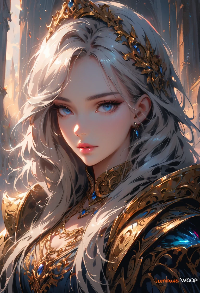 dark style, sakimychan style, Wlop style, portrait, Delicate face, Beautiful woman, Full lips, elf, 12th century, blue eyes, Briot, Lord of the Rings armor, white hair, Nearly perfect, Beautiful anime style, Clean Delicate face, glowing shadow, beautiful gradient, Depth of Field, Clean Graphics, high quality, High Detail, HD, Luminous Studio graphics engine