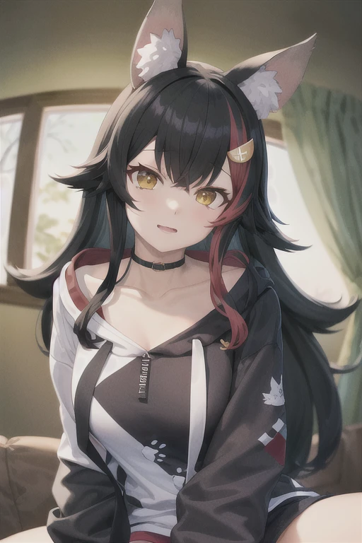 masterpiece, Highest quality, High resolution, wonderful, low-tied long hair, Black Hair, Yellow Eyes, clavicle, boa hoodie, wolf ear, multicolored hair, whole body,