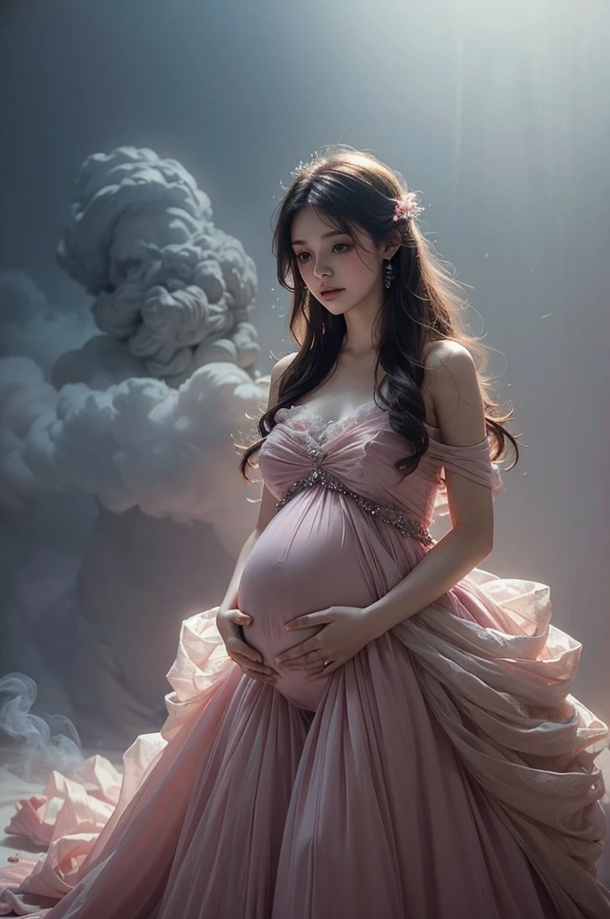 pregnant woman in pink dress standing in cloud of smoke, ethereal and dreamy theme, very magical and dreamy, dreamy and ethereal, ethereal and dreamy, ethereal fairytale, by Marie Angel, endless flowing ethereal drapery, dreamy style, dreamy atmosphere and drama, dreamy and detailed, full body photoshoot, ethereal!!!!!!!, soft ethereal lighting, soft elegant gown