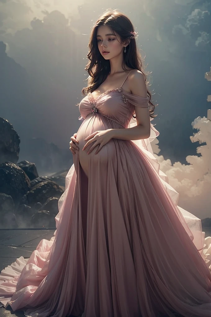 pregnant woman in pink dress standing in cloud of smoke, ethereal and dreamy theme, very magical and dreamy, dreamy and ethereal, ethereal and dreamy, ethereal fairytale, by Marie Angel, endless flowing ethereal drapery, dreamy style, dreamy atmosphere and drama, dreamy and detailed, full body photoshoot, ethereal!!!!!!!, soft ethereal lighting, soft elegant gown