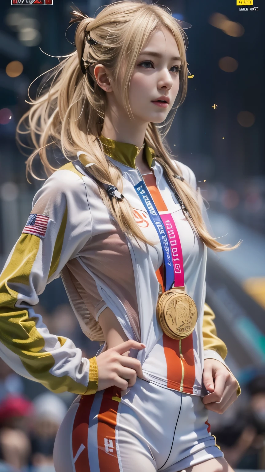 (Sports magazine cover, Olympics Special:1.3), Highest quality, Highest quality, 16K, Unbelievably absurd, Very detailed, 2.5D, delicate and dynamic, city, gold medal, , , , Small pale light and colorful light, Many light sources, 巨大なComplex模様のmagic陣, magic, Small face, Very delicate appearance, Delicate eye depiction, Upper body close-up,, erotic, Dynamic sexy pose, Sexy Woman, Healthy body shape, 19 year old woman, doaxvv_Marie Rose, athlete, Olympian, height: 150cm, big, Hard, Swaying bust, , Very long wavy blonde hair, Twin tails, Full Body Shot, Glaring at the camera, look up, Lure, Complex, Olympic Team, uniform, Green tight skirt, , Brown Loafers, independent