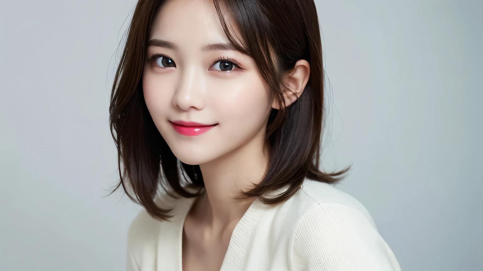 white background, bust shot, tabletop, looks happy, smile, short hair, highest quality, shape, Super detailed, finely, High resolution, 8k wallpaper, Perfect dynamic shape, beautiful and detailed eyes, D cup, natural color lip,smile、20 year old girl, Beautiful and dense face、perfect and beautiful face,Big eyes、real photos(best image quality), business casual (off white)、looking at camera、Please stand、Do gal makeup