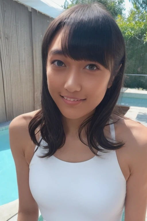 gorgeous woman, 1 girl, white one-piece swimsuit:1.2, skinny, healthy, perfect body:1.2, abs:1.1, dark brown hair:1.1, rain wet, wet body:1.2, night pool room:1.6, ultra-detailed face, detailed lips, detailed eyes, double eyelids, pubic hair, black skin, trimmed bangs, shy smile, (best quality,8k,masterpiece:1.3)