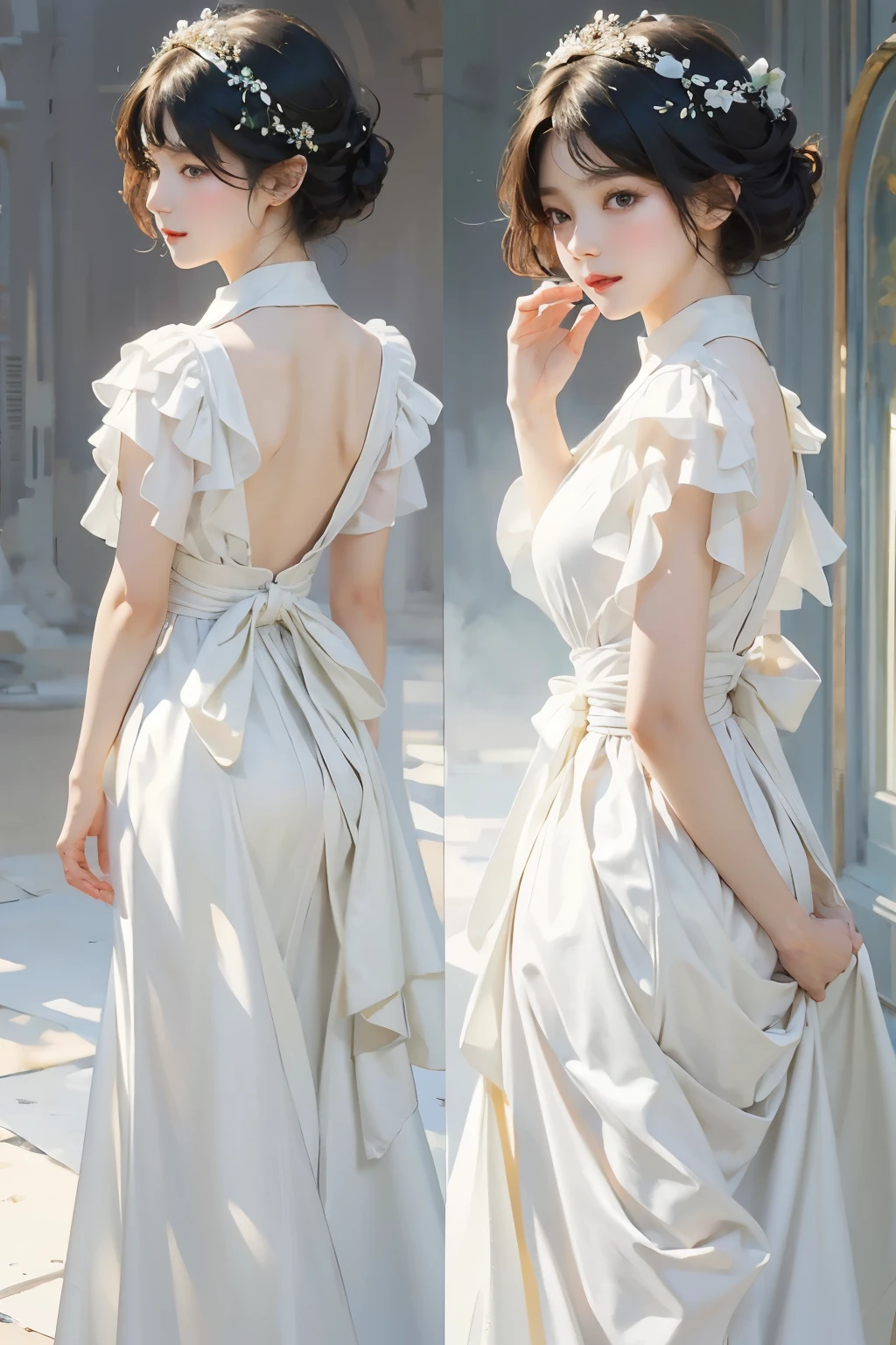 (masterpiece, Highest quality:1.2), 1 female, alone、Beautiful Face、Lively Faces、Black-haired、short hair、Beautiful Hairstyles、Beautiful Skin、(Face close-up:1.2)、Simple white dress、LOHAS、Soft Light、Soft Focus、((White Background))、((Blank Background))、Blur the background、