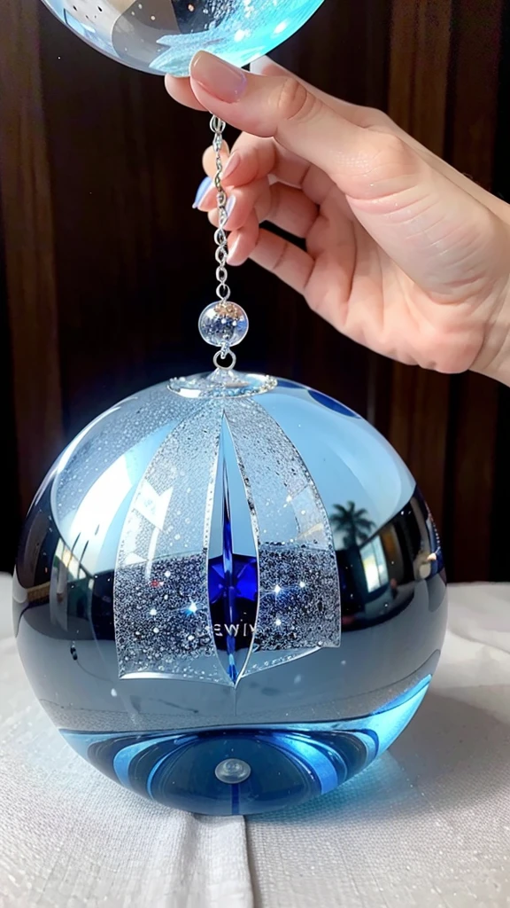 A beautifully decorated blue crystal ball sits in the center、Please show your crystal ball to the camera.、Jeweled、(Interlocking crystal balls)