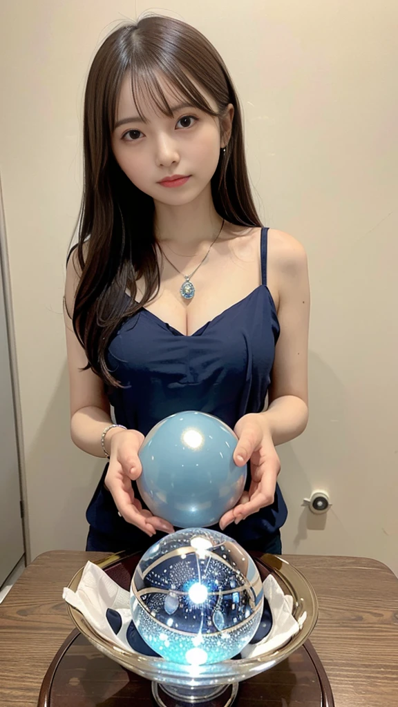 A beautifully decorated blue crystal ball sits in the center、Please show your crystal ball to the camera.、Jeweled、(Interlocking crystal balls)