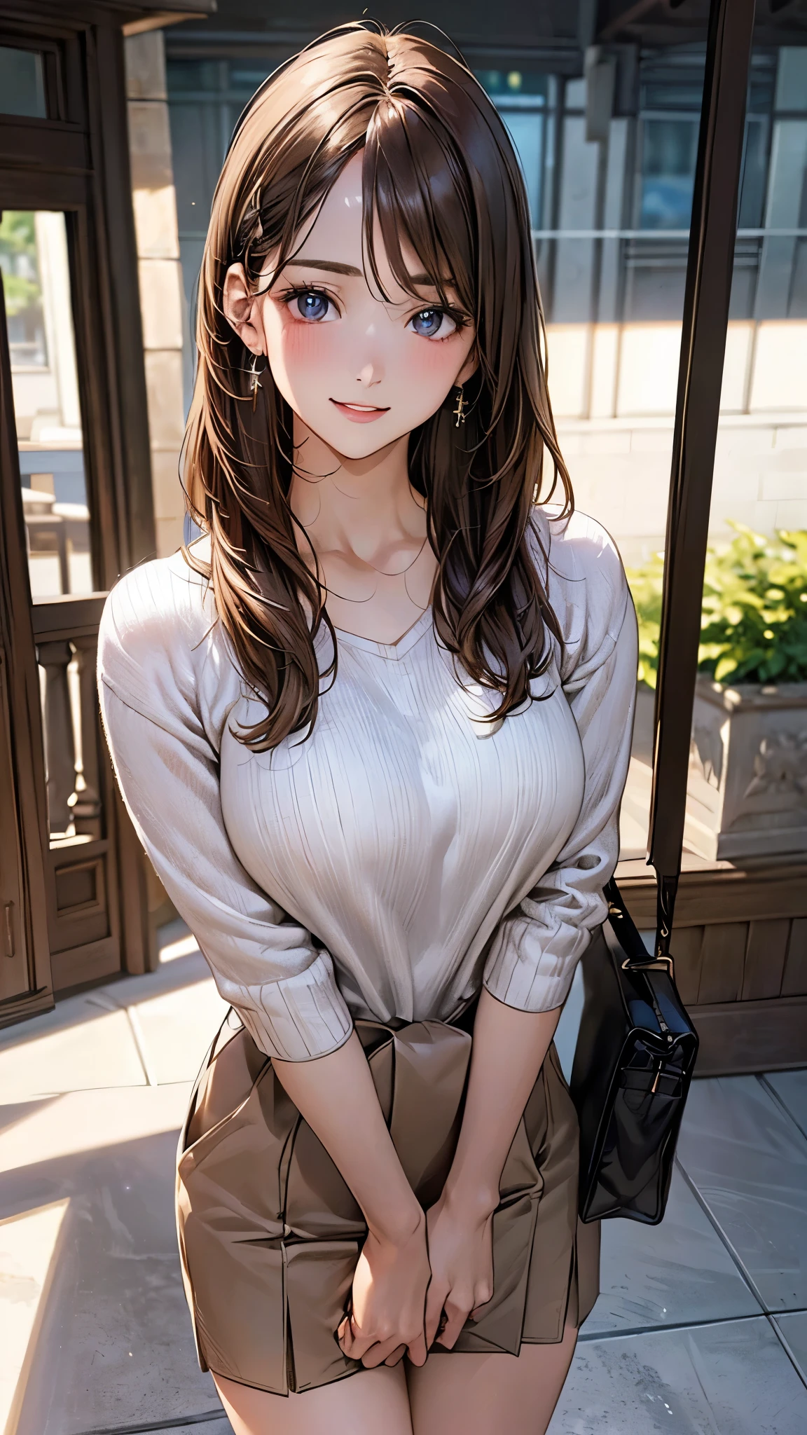 (masterpiece:1.2, top-quality), (realistic, photorealistic:1.4), beautiful illustration, (natural side lighting, movie lighting), depth of fields, (photograph), 
beautiful detailed hair, beautiful detailed face, beautiful detailed eyes, beautiful clavicle, beautiful body, beautiful chest, beautiful thigh, beautiful legs, beautiful fingers, 
looking at viewer, 1 girl, 12 years old, (perfect anatomy, anatomically correct, super detailed skin), perfect face, parfect eyes, cute and symmetrical face, babyface, 
(middle hair, straight hair, sideburns:1.6, light brown hair), swept bangs, blue eyes, slant eyes, big eyes, long eye lasher, (medium breasts, seductive thighs), slender, white skin, shiny skin, 
(middle sleeve white sweater, light brown tailored shorts), brown bag, 
(beautiful scenery), evening, (entranceway:1.2,), standing hands between legs, leaning forward, holding bag, (lovery smile, upper eyes, parted lips), 