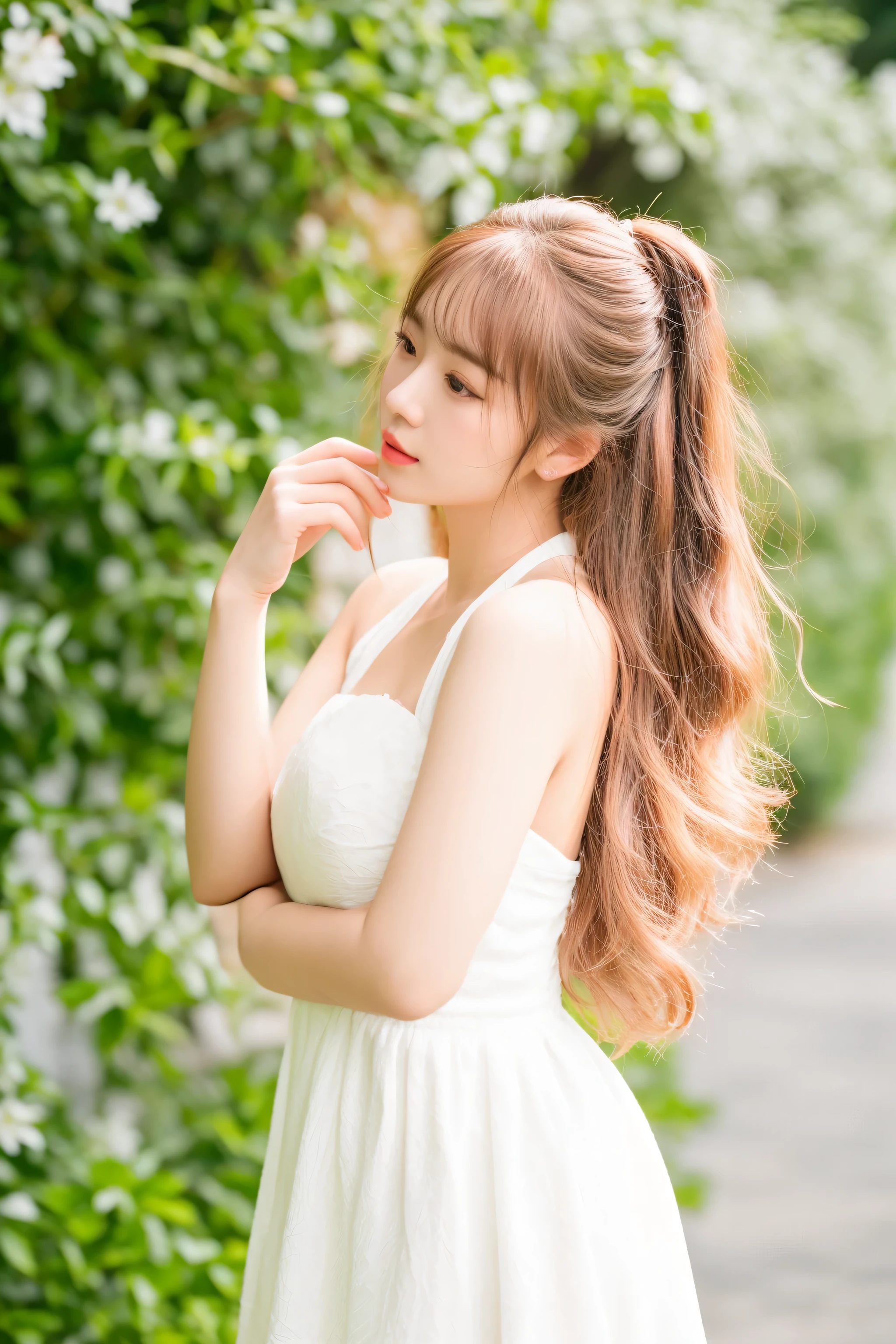 there is a woman in a white dress standing in front of a bush, cute elegant pose, asian girl with long hair, chiho, wearing white dress, anime thai girl, wearing a cute white dress, beautiful young korean woman, lalisa manobal, with long hair, kawaii hairstyle, korean girl, cute and lovely, a cute young woman, soft hair