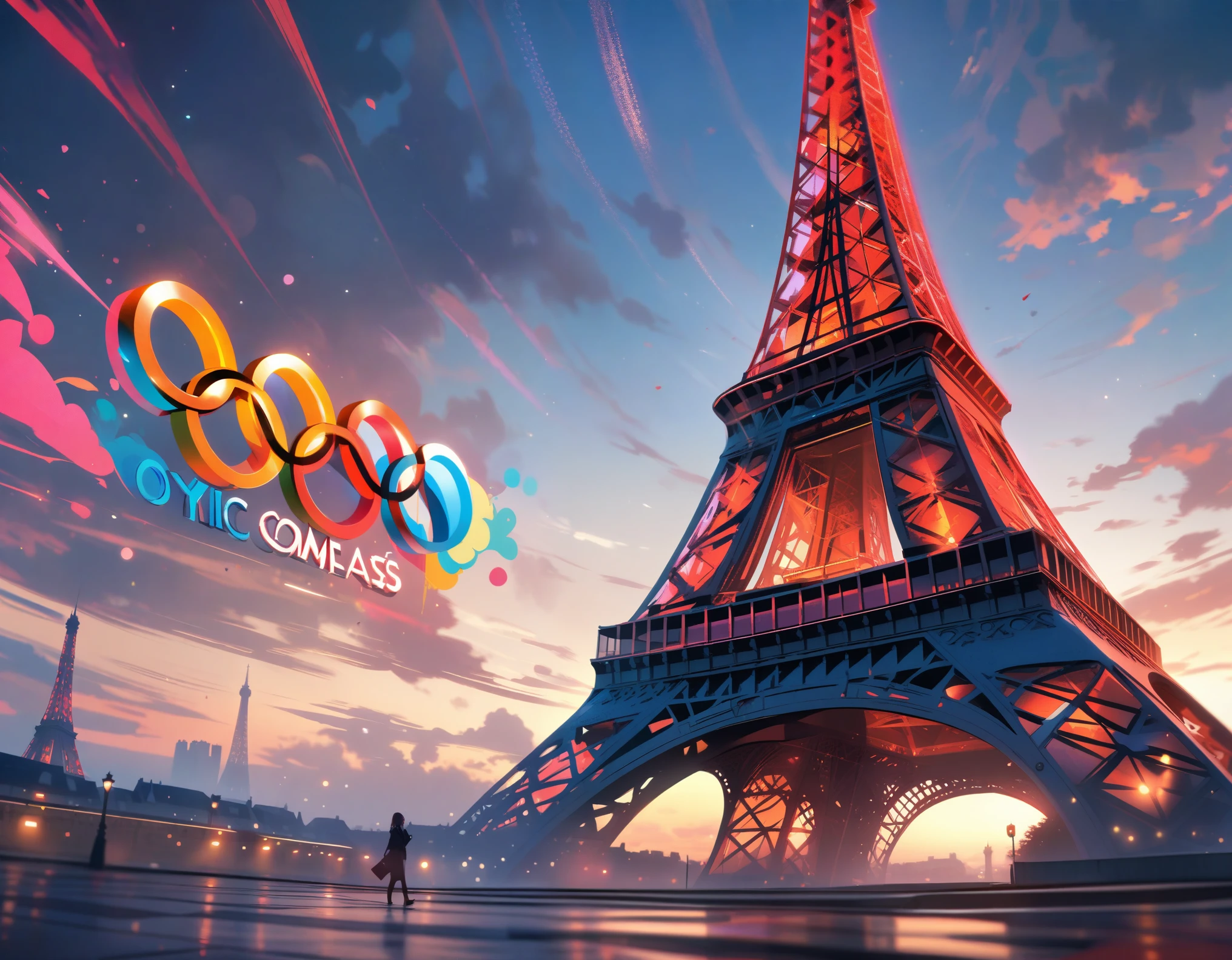 ((best quality)) , ((masterpiece)) , (detailed),sky, ((english text)),Paris,big text,(((Eiffel Tower))),Olympic Games, Olympic rings,Promotion poster,((BIG title))