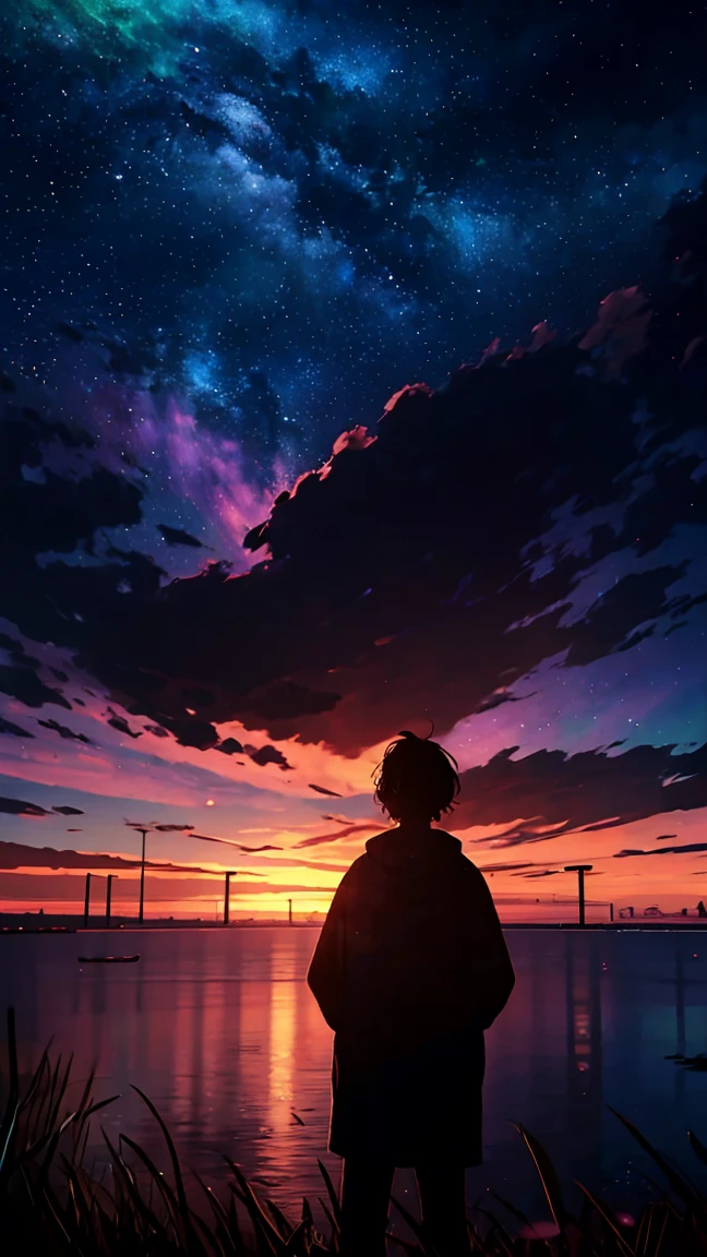 a big of sad boy , anime style,standing near the sea beach in the distance, from behind, no face shown, looking at the vast sky, clouds, sunset colourful sky weather,aurora borealis, milky way, the scene is dominated by vast sky.