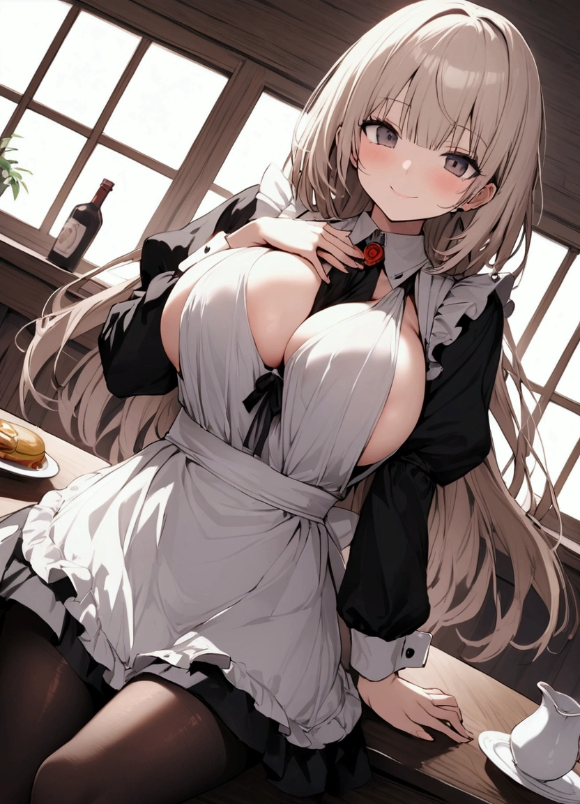 One Woman、beautiful girl、Maid、20-year-old、Bobcut、Western-style building、Maidの制服、Maidカチューシャ、Short skirt、Black Pantyhose、Highest quality, smile,Big Breasts、Very big boobs、Put your on the table、 sinking into the table、Put your boobs on the table、Bust up angle、Place breasts on table、Put your on the table、Place your chest on the table、Poses that emphasize the breasts