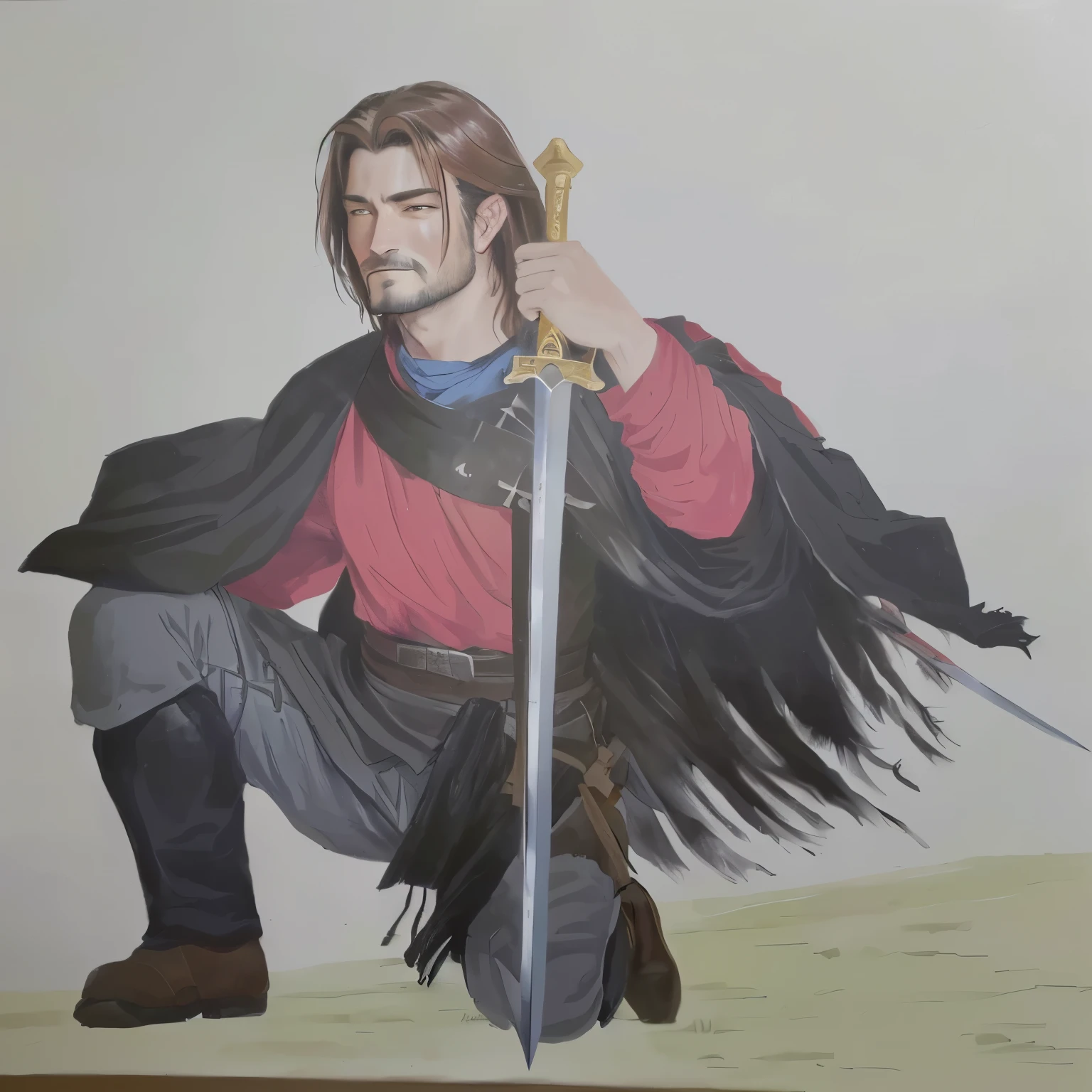painting of a man on his knees holding a sword and a red shirt, with a torn black cover, Native Gaucho, poncho therefore, painting of a knight, boromir in an 80\animes world, inspired by Edmund Greacen