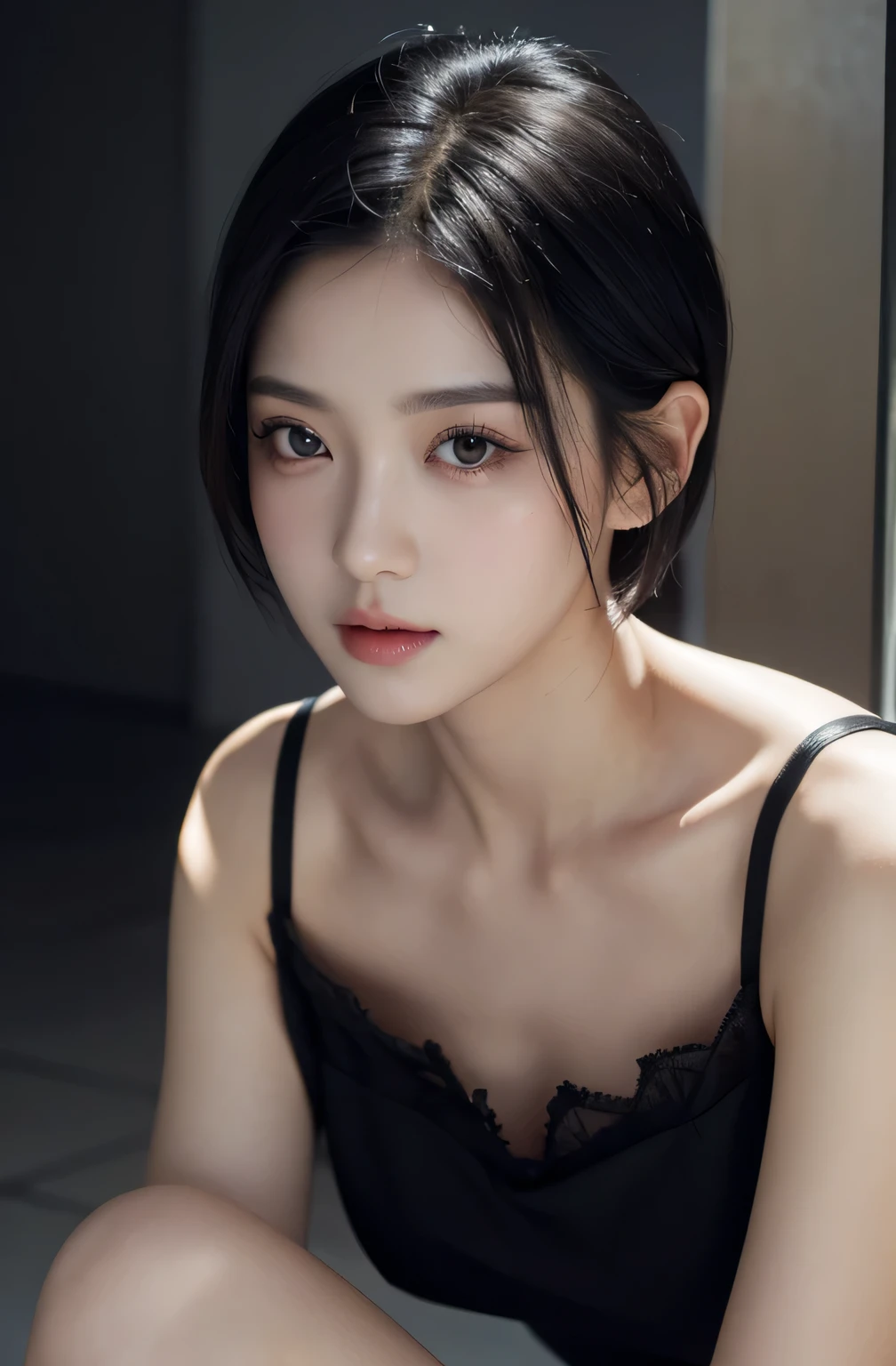 high resolution, masterpiece,Black Hair, short hair,Low-cut dress, 1 Girl, Lovely, Internal, Delicate eyes, (black eyes)