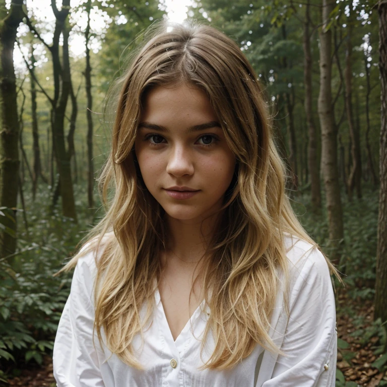 Pretty French teenager, wavy and blonde hair, de 20 ans dans la foret