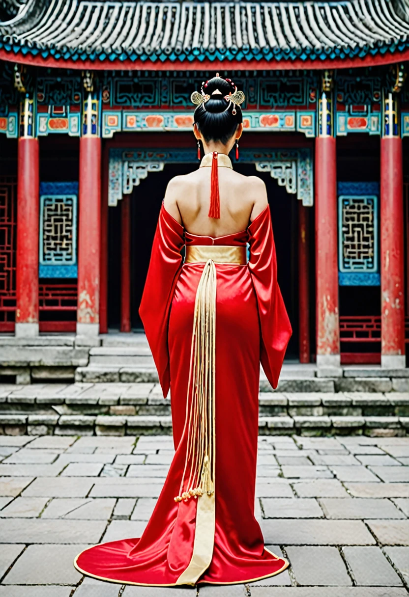 A full-body figure from the back that resembles Chinese actress Zhou Xun. The background is the stone paving outside a Chinese palace during the Qing dynasty. An empress from the Chinese palace during the Qing dynasty is standing in a red Hanfu, exposing only her large buttocks. She has pulled her loincloth down to show her buttocks. Her profile shows her large breasts. She is standing with her hair tied up and pulled up, wearing a Chinese empress crown.