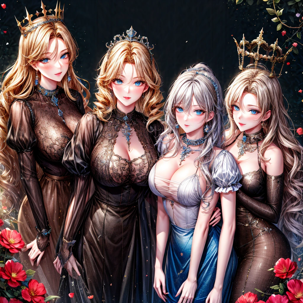 girly style, (flower background, romance comics), 3 girls, 18 years old blonde, alone, long hair, flower, skirt, crown, white skirt, Gloves, Long sleeve, collar, Blue eyes, mascara, cosmetics, white Gloves, black bow, black flower, Straight Hair, drill hair, french OKid, bow, OK, jewelry, looking at the audience, White background, clavicle, puffy sleeves, silver accessories,full-body shot, parted bangs, very long hair, blue skirt, trim, bangs, Keep your mouth shut, delicate eyes, Big breasts, 