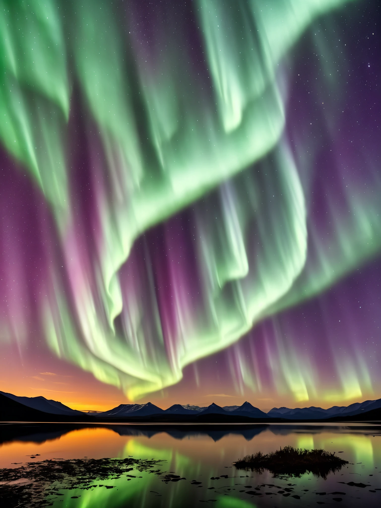 the aurora bore over a lake with mountains in the background, a picture by Harald Giersing, trending on unsplash, hurufiyya, northern lights, with aurora borealis in the sky, aurora borealis, ❤🔥🍄🌪, dramatic aurora borealis, infused with aurora borealis, epic stunning atmosphere, norway