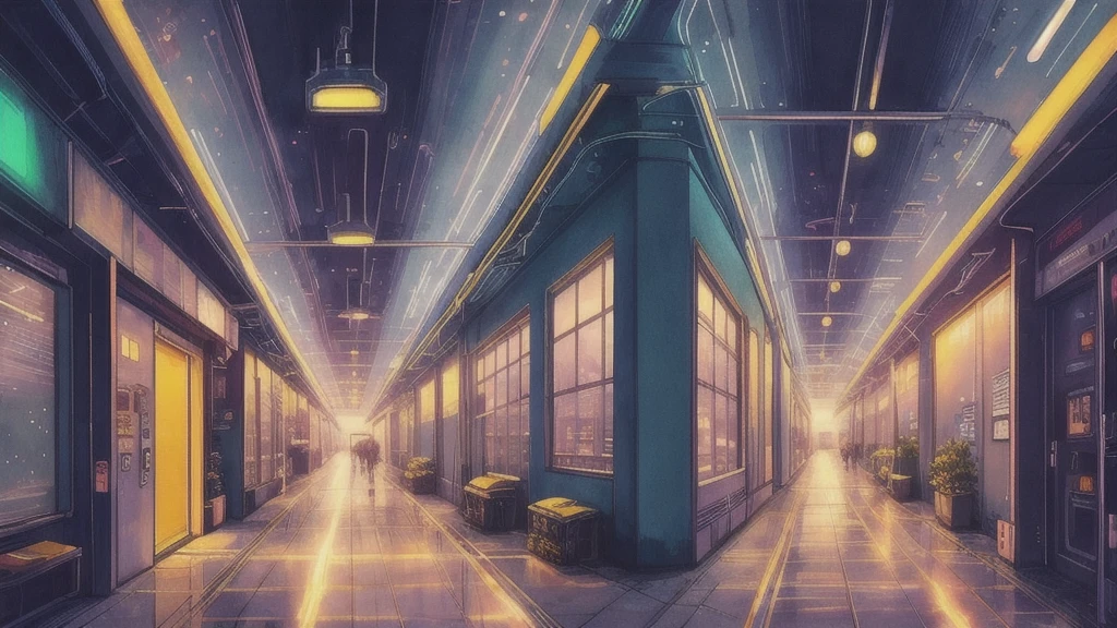 anime, space like hallways, white hallway, tinted windows, motercycle revving marks all over the walls, lowlights, whiteish/ yellow undertones, Picture book illustrations, neon lit venue, cartoon, anime, artstyle, watercolor