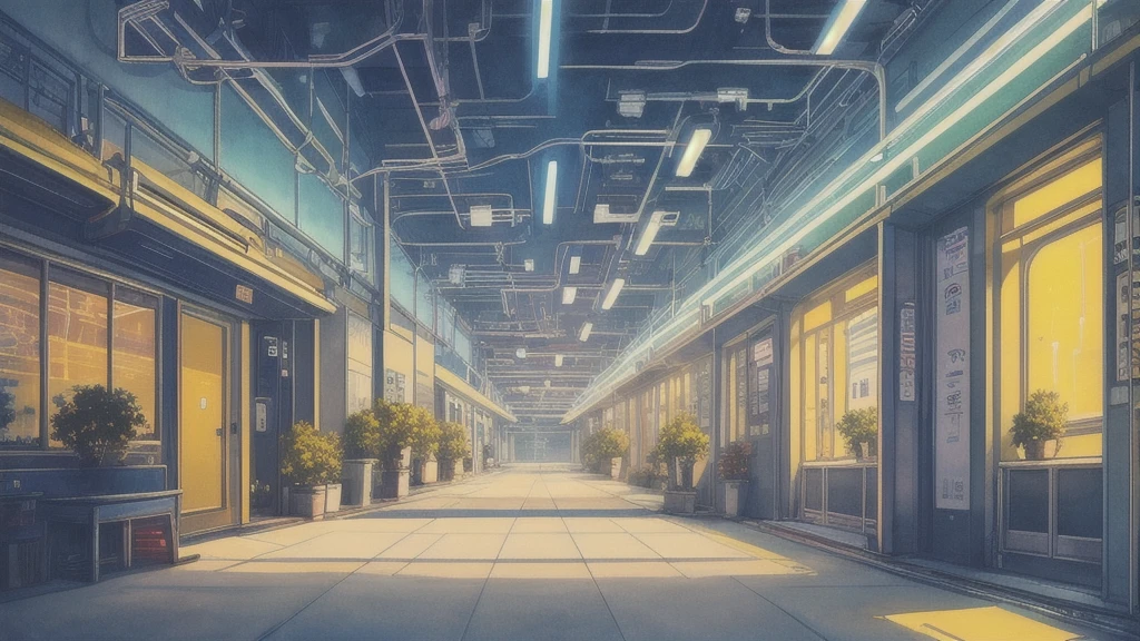 anime, space like hallways, white hallway, tinted windows, motercycle revving marks all over the walls, lowlights, whiteish/ yellow undertones, Picture book illustrations, neon lit venue, cartoon, anime, artstyle, watercolor