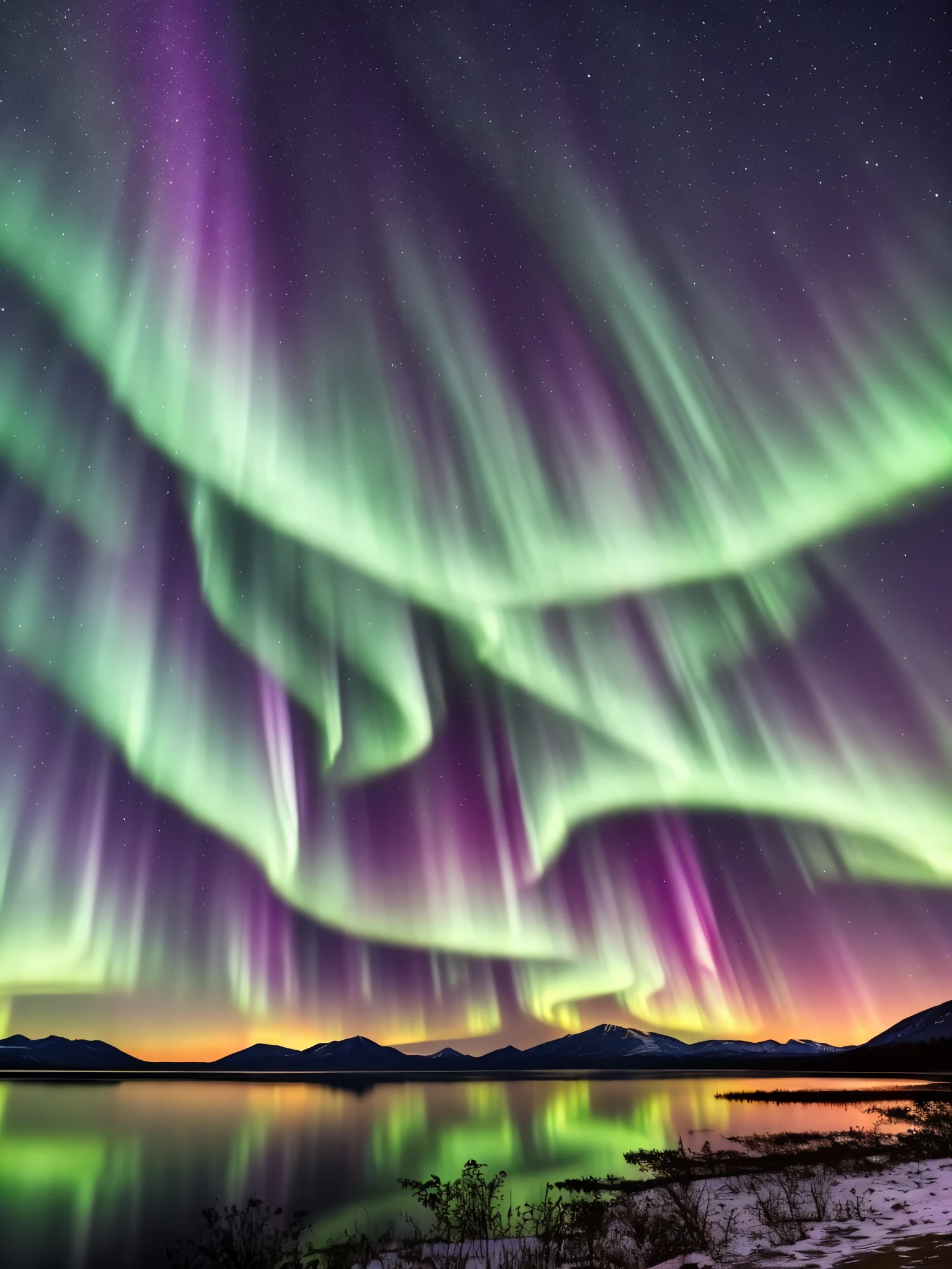 the aurora bore over a lake with mountains in the background, a picture by Harald Giersing, trending on unsplash, hurufiyya, northern lights, with aurora borealis in the sky, aurora borealis, ❤🔥🍄🌪, dramatic aurora borealis, infused with aurora borealis, epic stunning atmosphere, norway