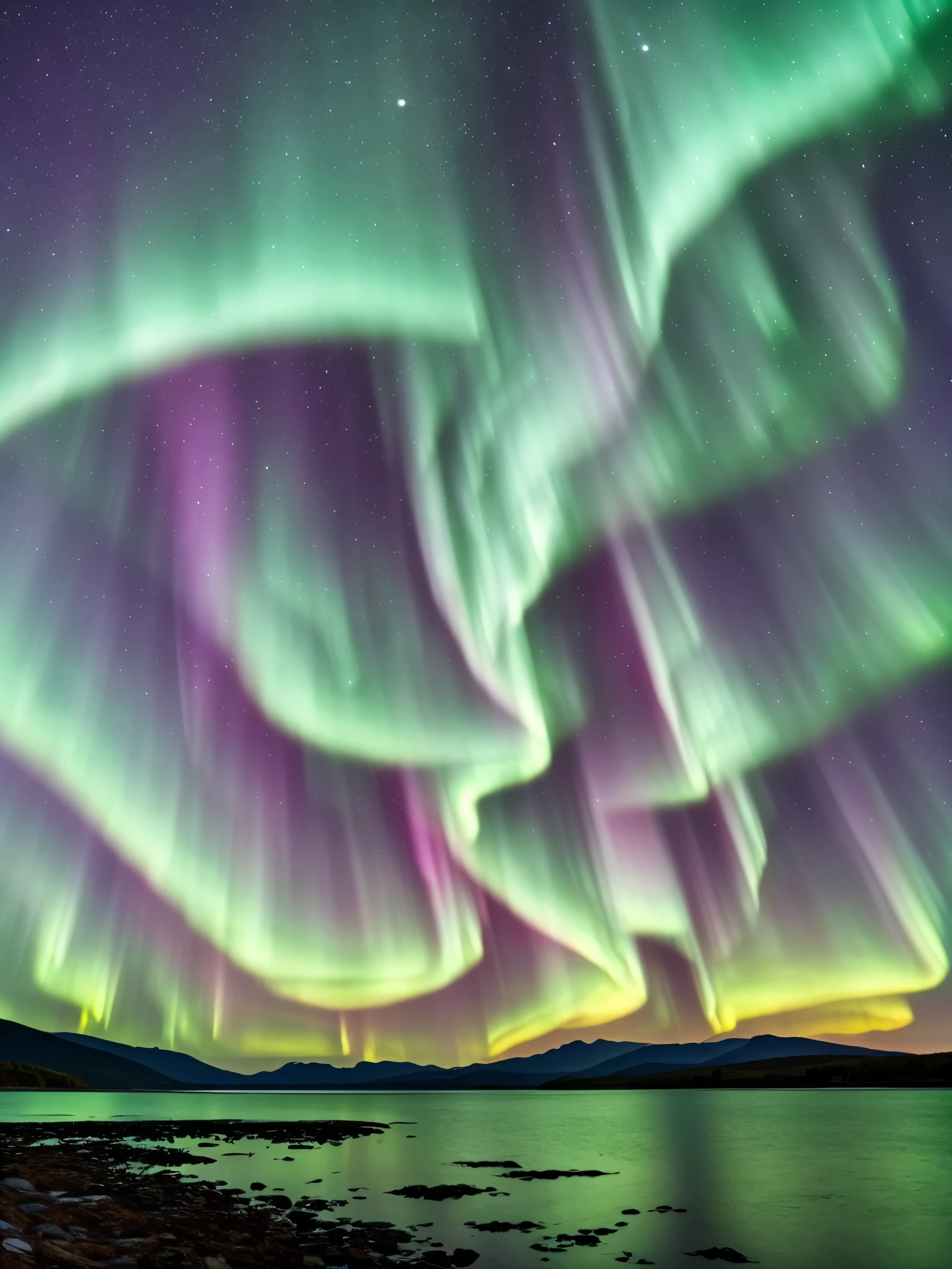 the aurora bore over a lake with mountains in the background, a picture by Harald Giersing, trending on unsplash, hurufiyya, northern lights, with aurora borealis in the sky, aurora borealis, ❤🔥🍄🌪, dramatic aurora borealis, infused with aurora borealis, epic stunning atmosphere, norway