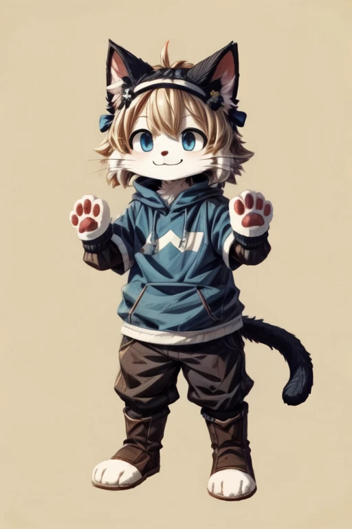 score_9, score_8_up, score_7_up, with Short sleeves , fake animal ears, animal ears, cat ears, paw gloves, cat paws, paw pose, smile, standing, simple background