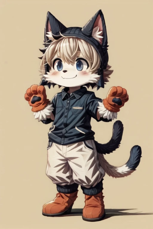 score_9, score_8_up, score_7_up, with Short sleeves , fake animal ears, animal ears, cat ears, paw gloves, cat paws, paw pose, smile, standing, simple background
