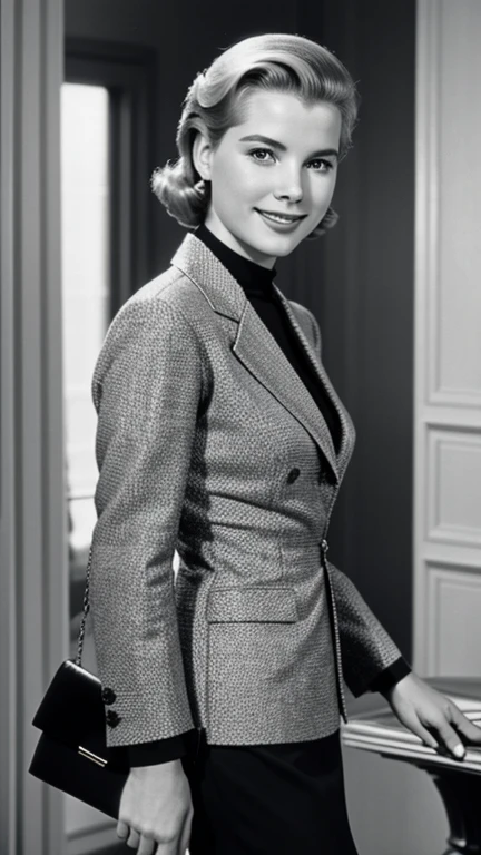 Grace Kelly dressed in sexy businesswoman clothes and smiling